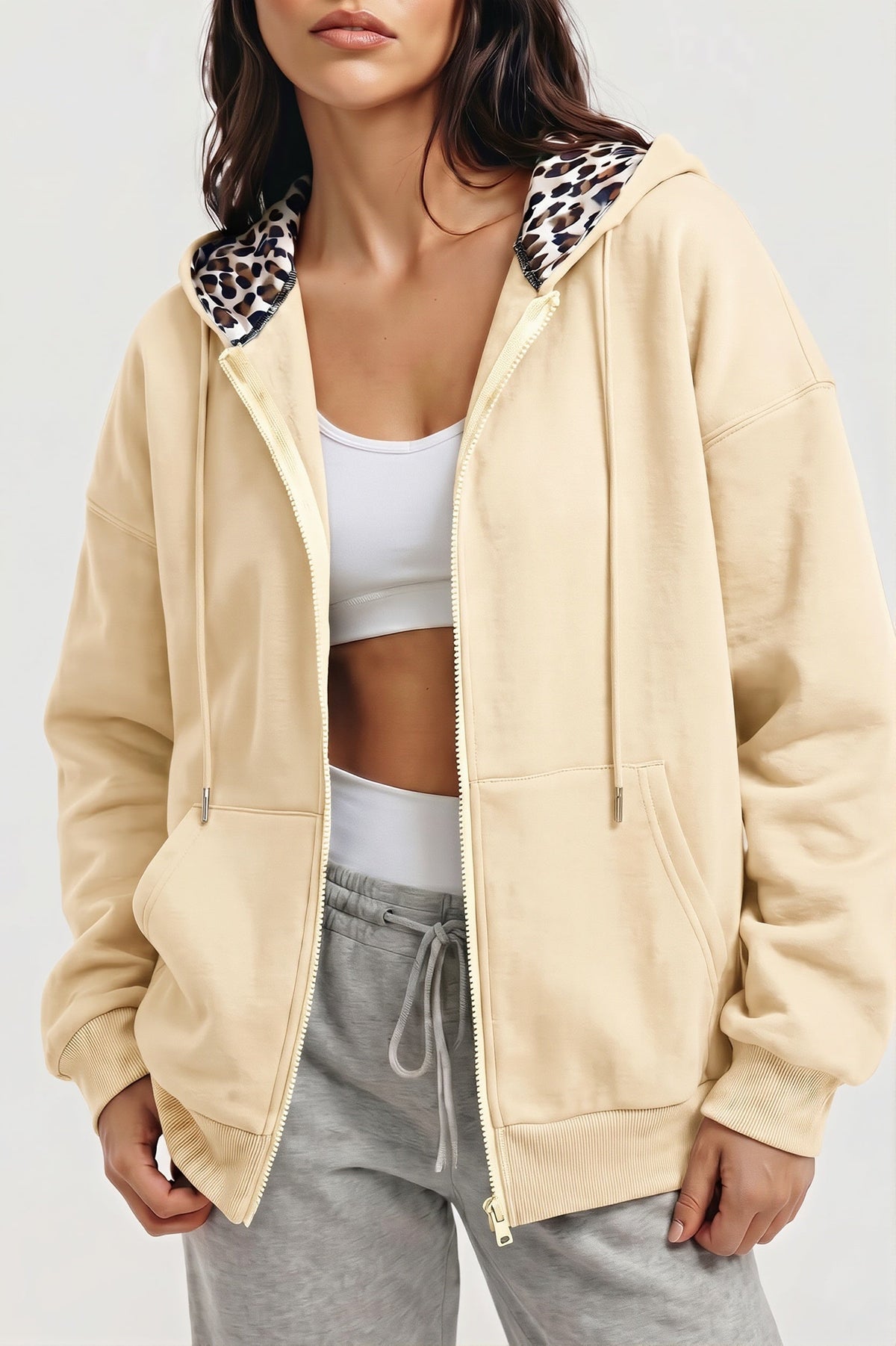 Leopard Lined Oversized Zip Hoodie
