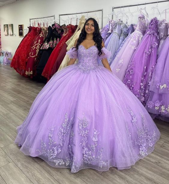 Sparkly Lavender Princess Quinceanera Dress Ball Gown Short Sleeve Lace Appliques Corset Sweet 15 Prom Dresses - Fashionpara