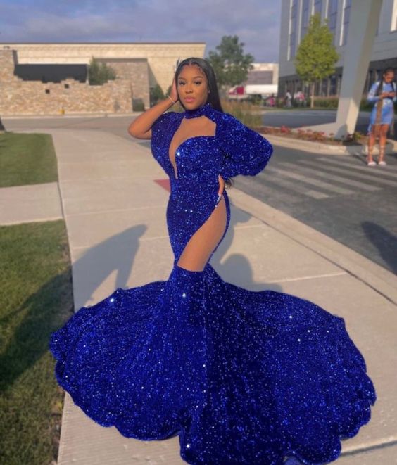 Blue Sequins Prom Gown,Floor length,Prom dress,wedding reception gown