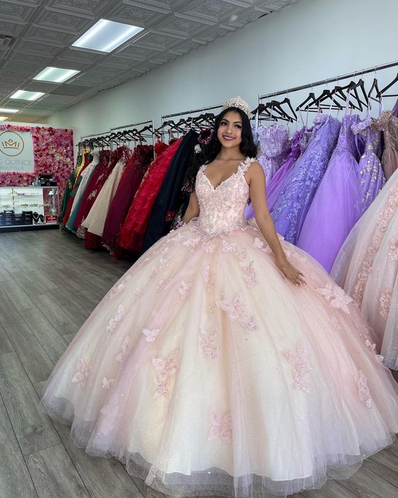 Butterfly quinceañera dress Ball Gown Lace Appliques Corset Sweet 15 Prom Dresses - Fashionpara