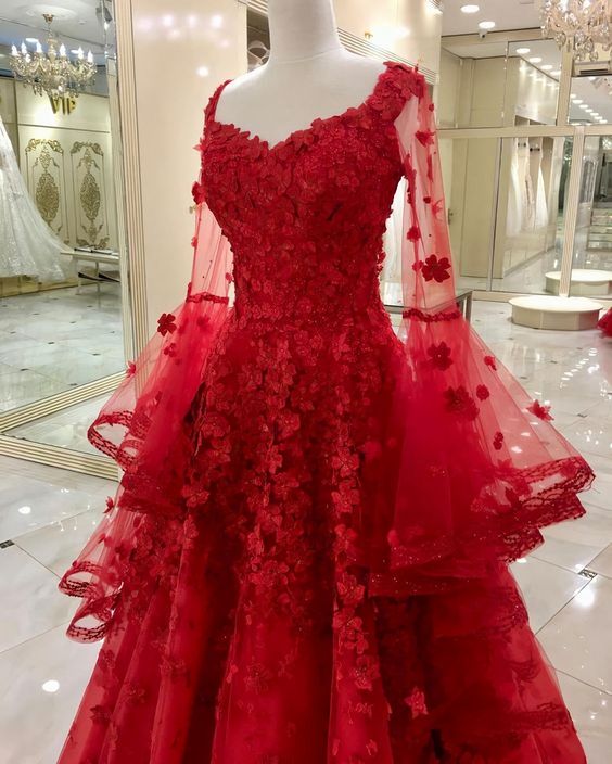 Red Long Lace Tulle Prom Dresses, Long Wedding Dresses
