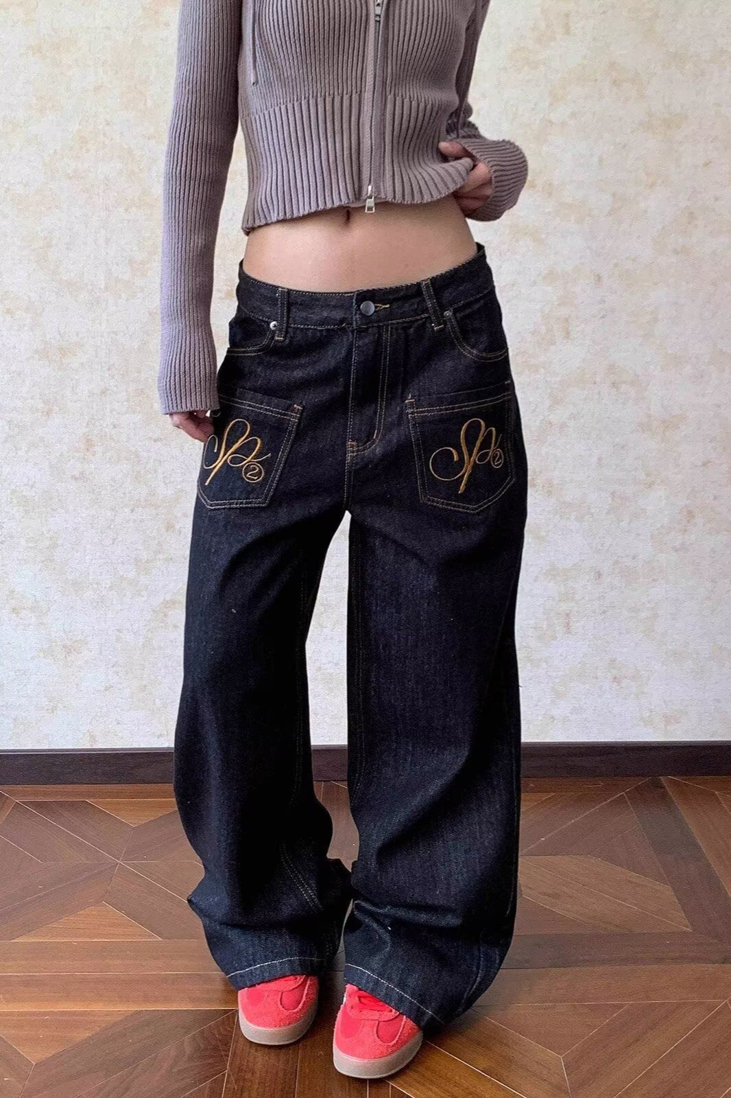 Embroidered Washed Curved Leg Wide Jeans