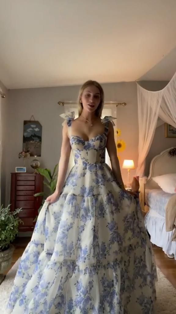Sexy A line Long Blue Floral Prom Dress Blue and White Party Dresses