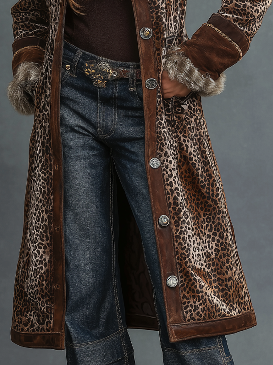 Vintage Leopard Print Polyester Velvet Suede Eco-friendly Fur Collar Coat - Fashionpara