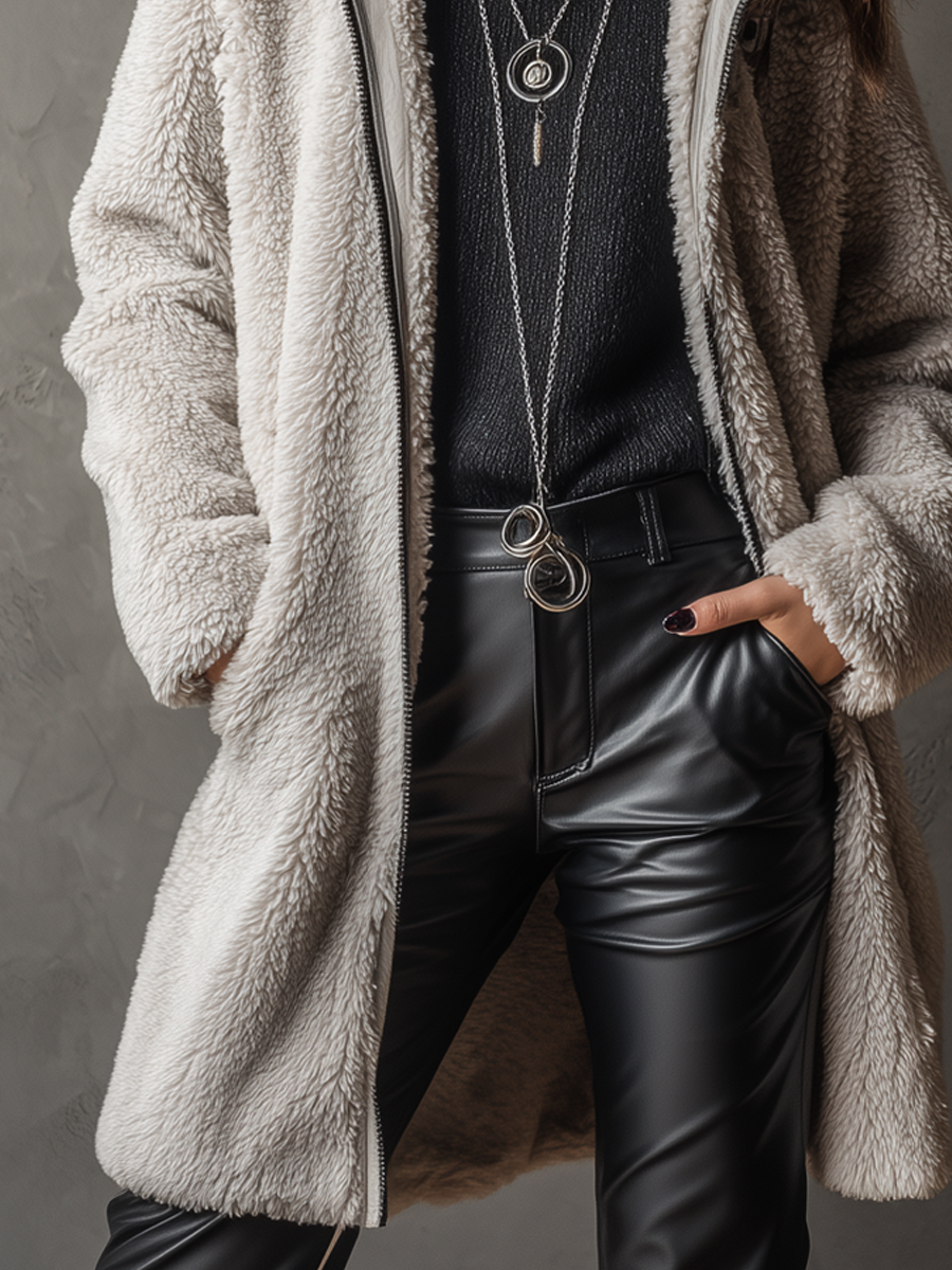 Vintage Zip-up Collar Teddy Fleece Fitted Coat - Fashionpara