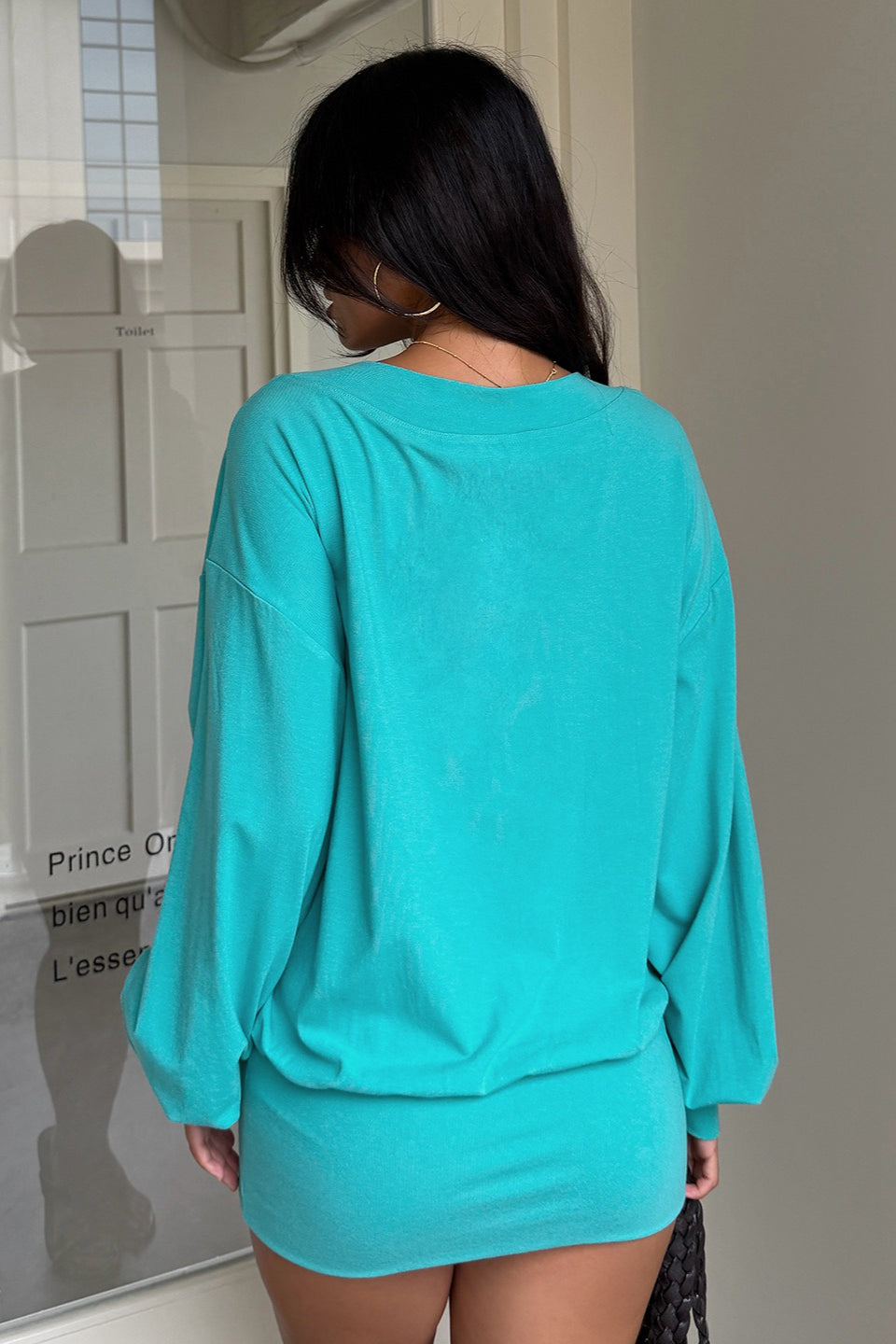 Off Shoulder Long Sleeve Blouson Bodycon Mini Dress