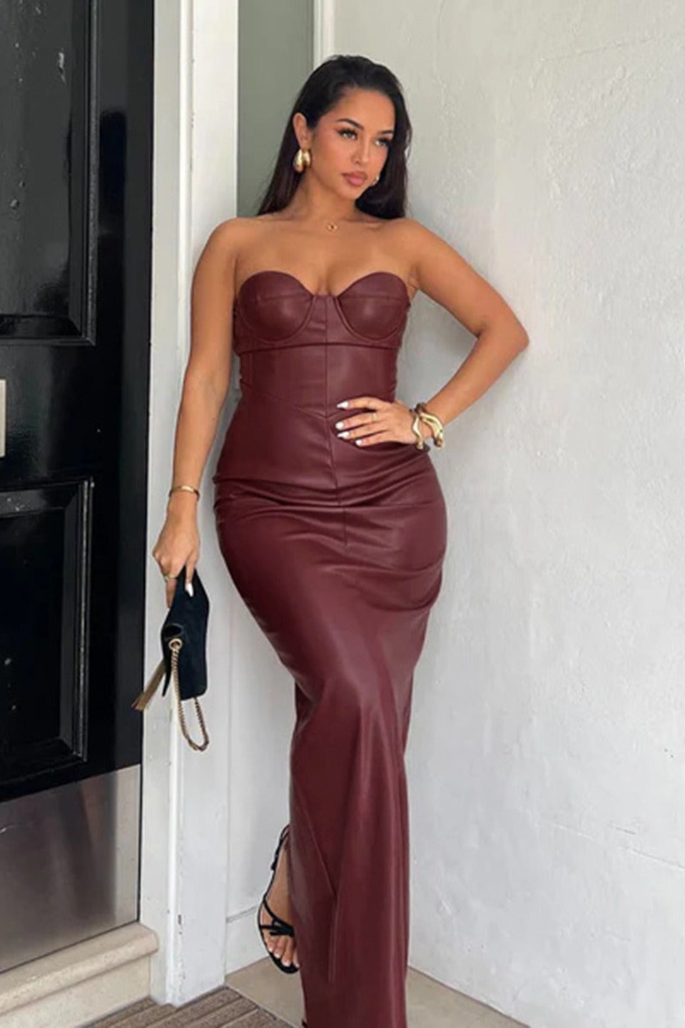 Strapless Leather Column Party Dress