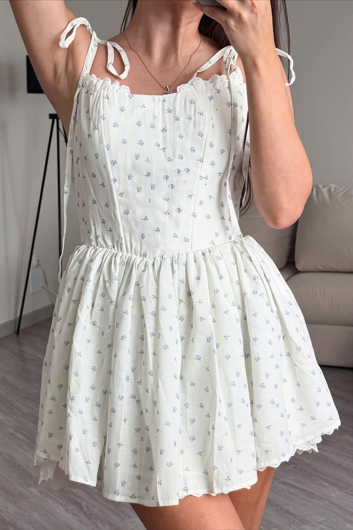 Ditsy Floral Tie Strap Square Neck Babydoll Mini Dress