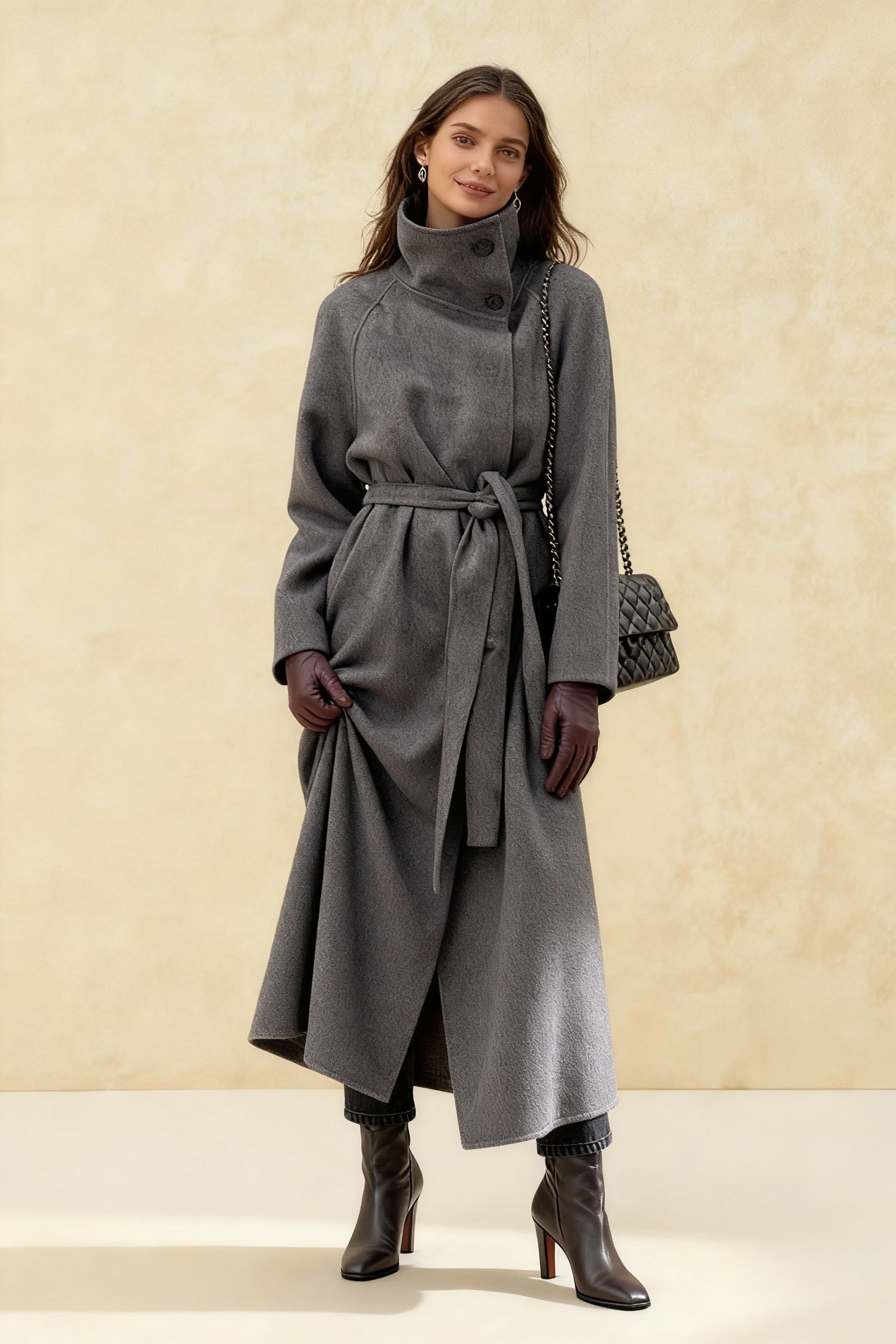 Grey High Collar Long Woolen Coat - Fashionpara