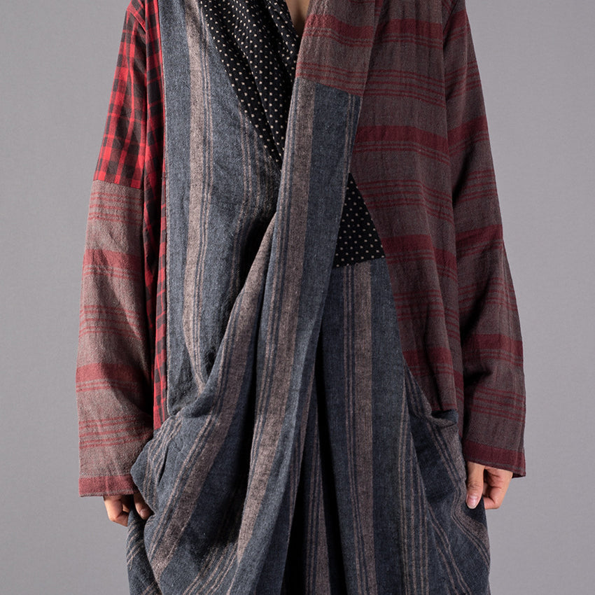 Plaid Patchwork V-Neck Asymmetric Drape Pocket Kaftan Maxi Dress - View 5
