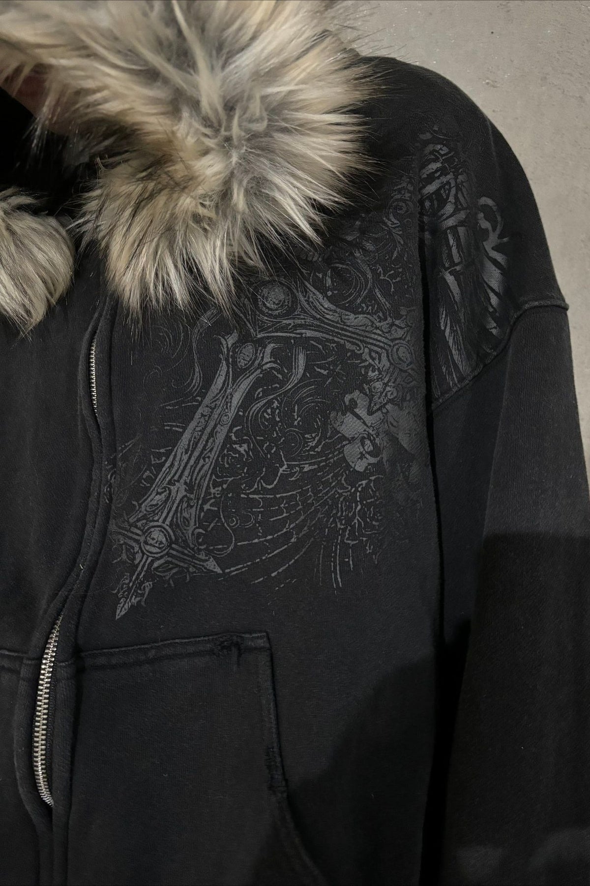 Faux Fur Hood Graphic Oversized Pullover Hoodie