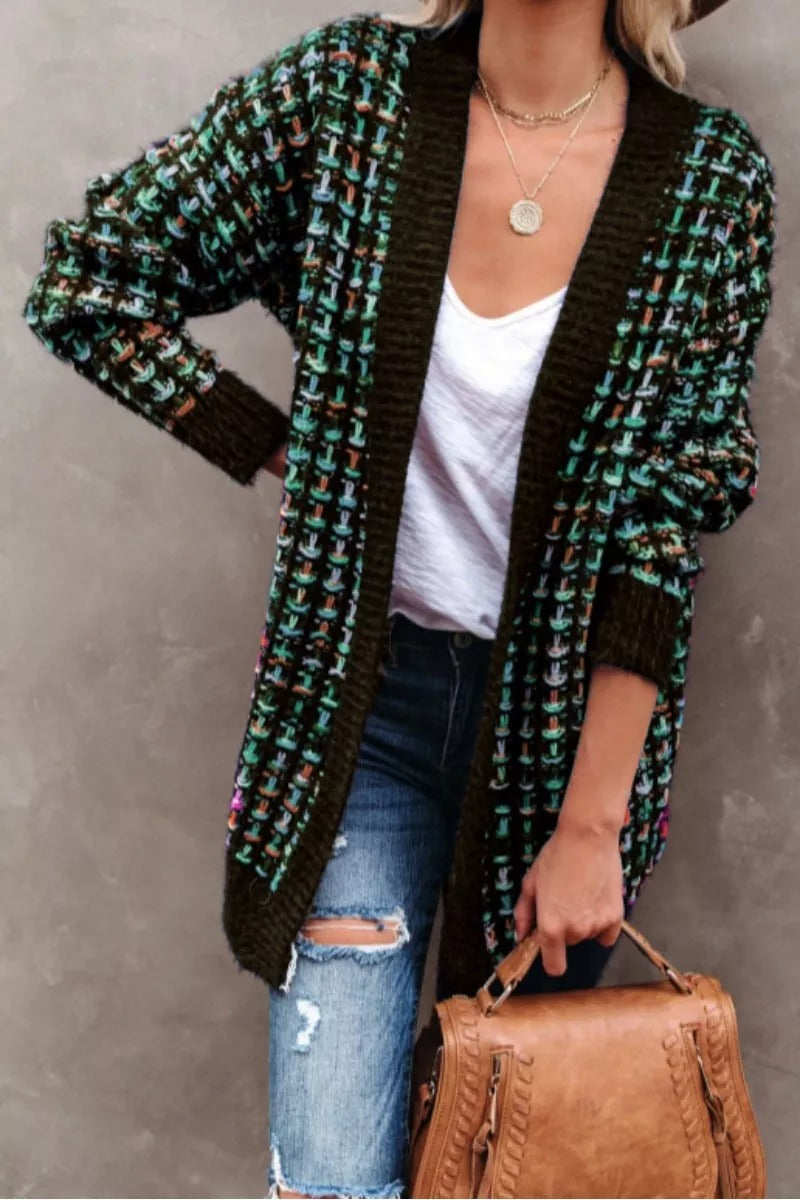 Vintage Patchwork Houndstooth Design Loose Cardigan (3 Colors)