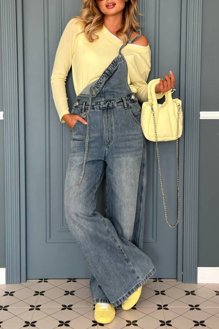 Vintage Washed Wide-Leg Overall Jeans