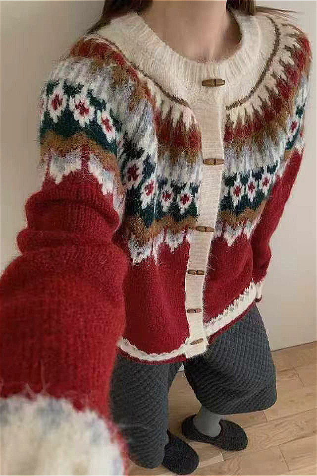 Fair Isle Knit Cardigan with Horn Buttons for Winter Style