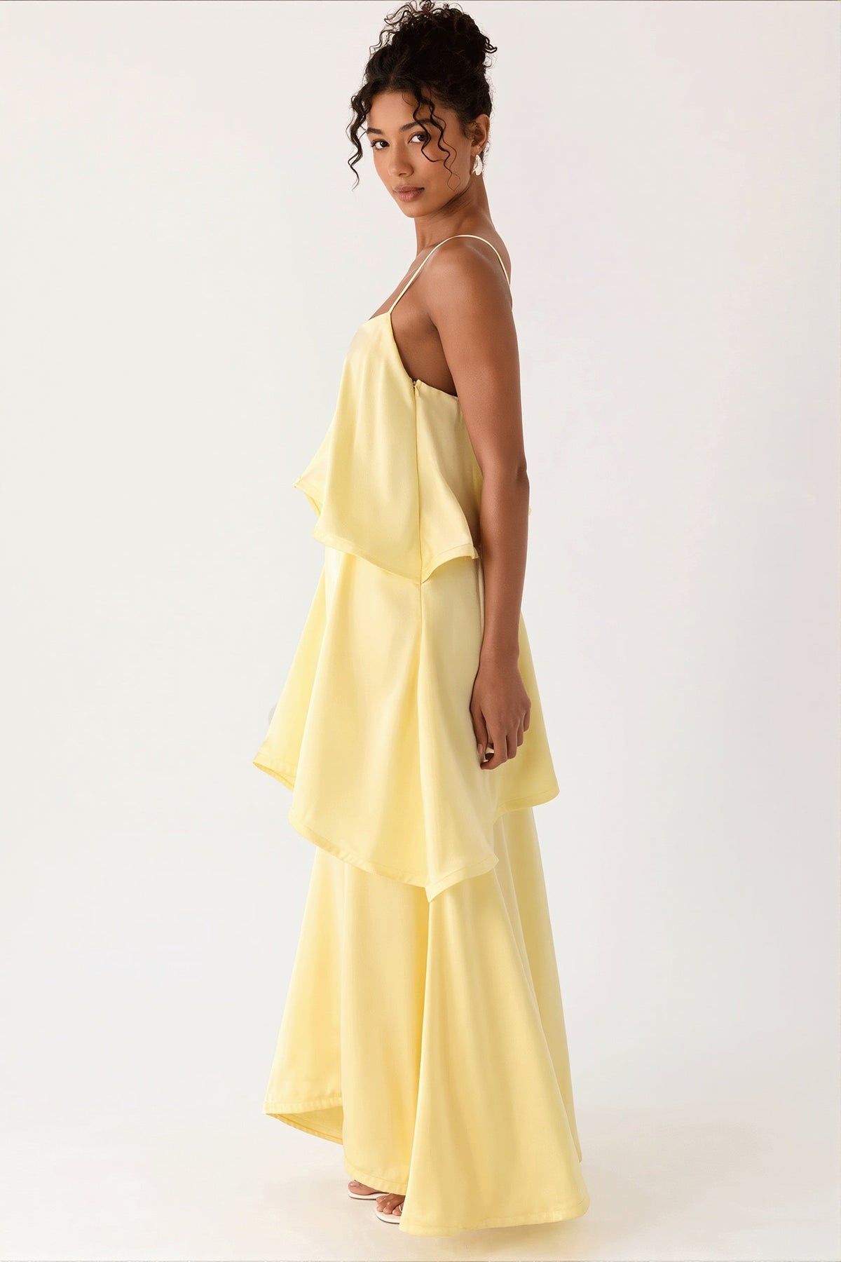 Satin Tiered Ruffle Spaghetti Strap Maxi Dress