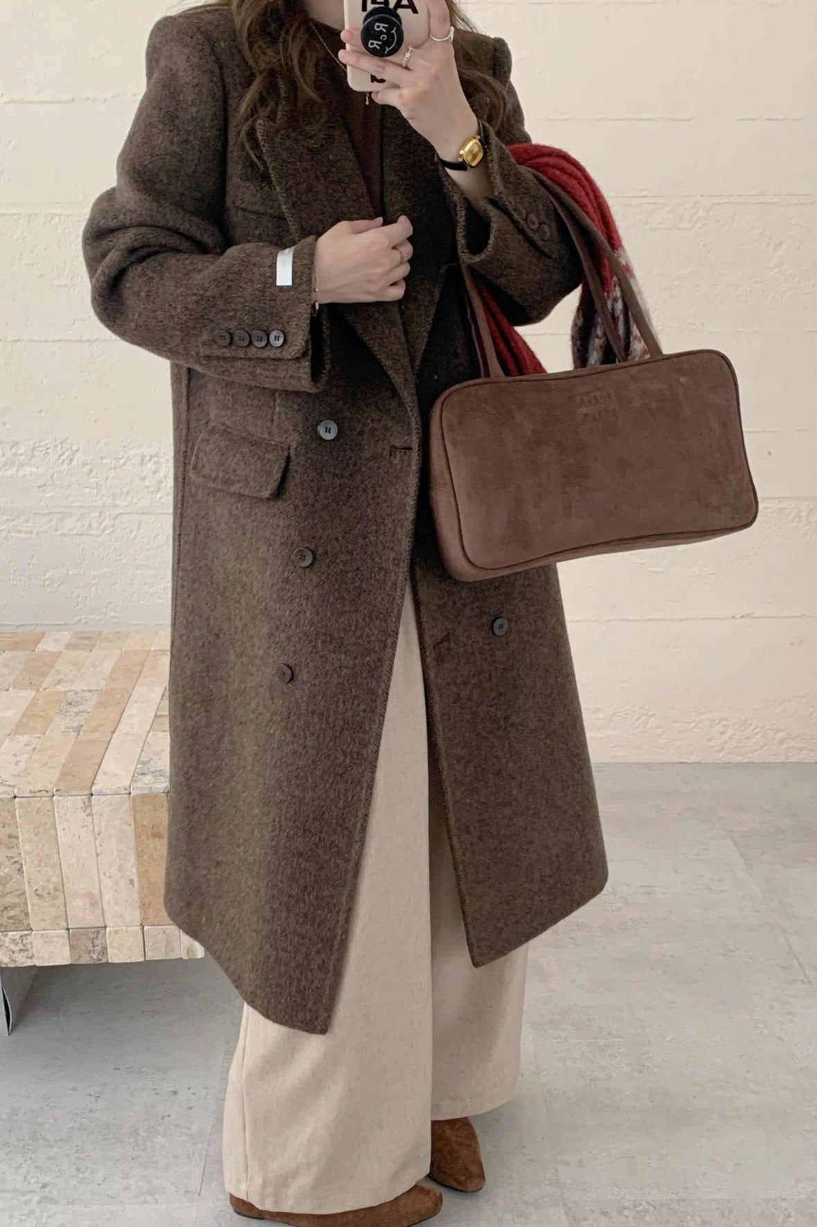 Double-Faced Wool Long Overcoat with Notched Lapel Design
