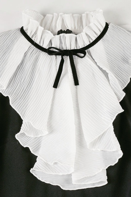 Ruffle Jabot High-Neck Bell Sleeve Tiered Mini Dress