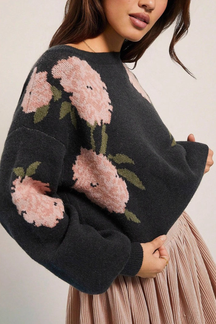 Off Shoulder Floral Knit Sweater