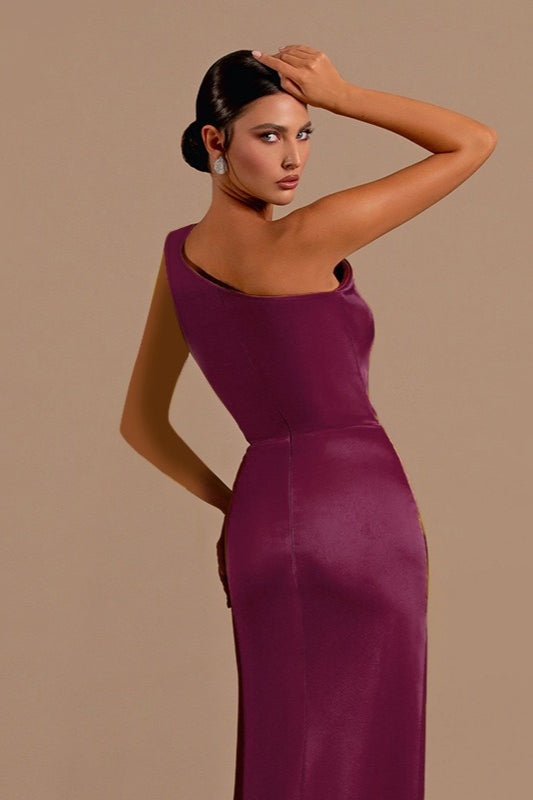 Sexy One Shoulder High Slit Satin Formal Dress