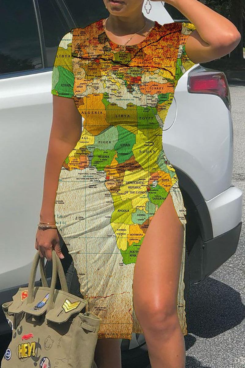 Fashion Casual Print Draw String Frenulum Slit O Neck Short Sleeve Dress  Fashionpara