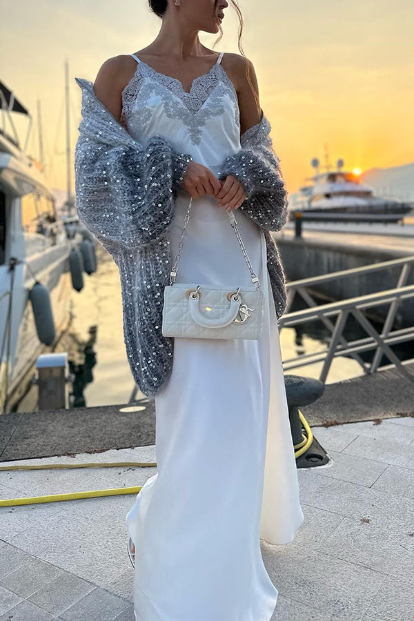 Chic Loose Knit Cardigan with Sequin Balloon Sleeves