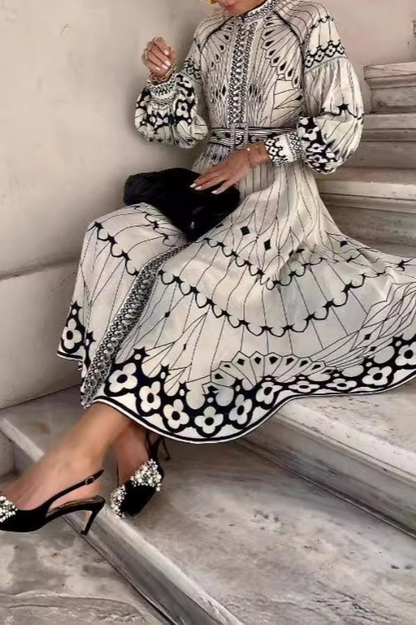 Cotton and linen printed loose casual retro lantern sleeves Midi Dress - Fashionpara