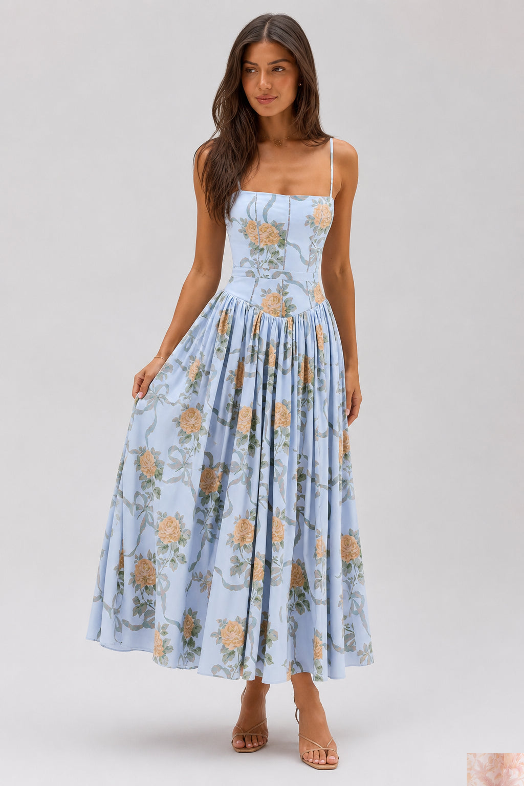 Floral Print Corset Drop Waist Full Skirt Maxi Dress