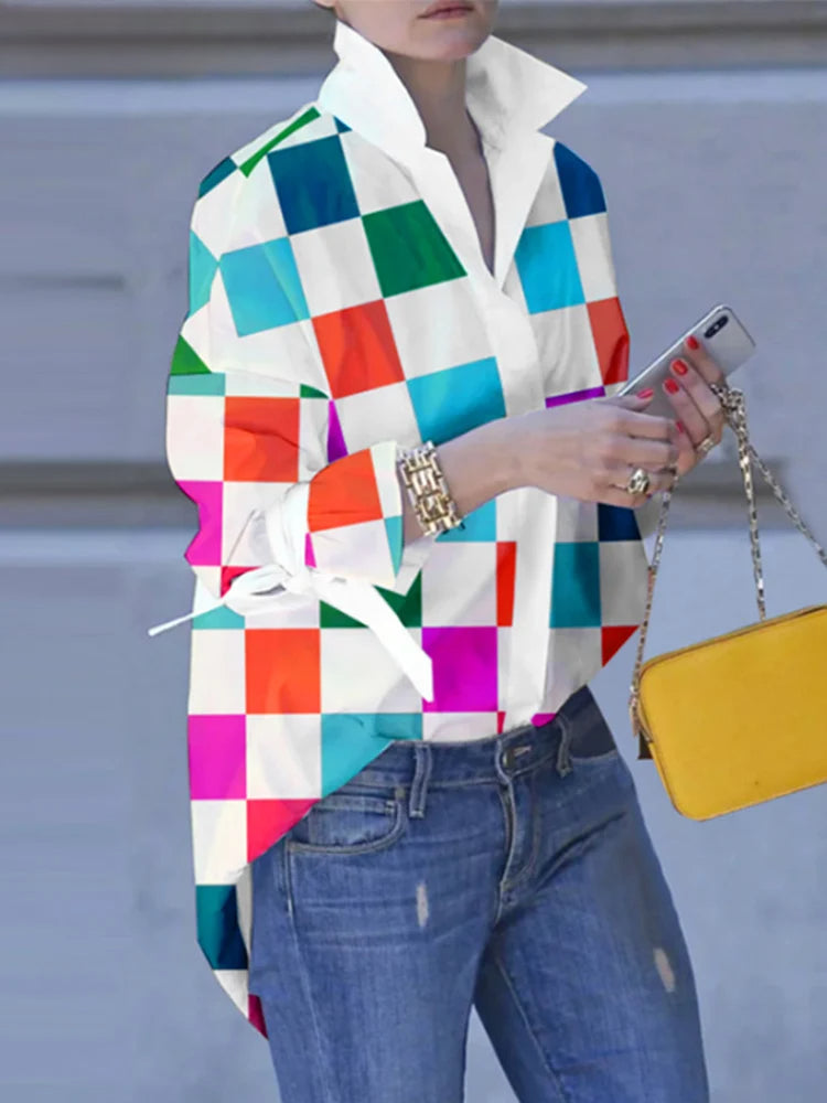 Plus Size Patchwork Plaid Turn-down Collar Blouse