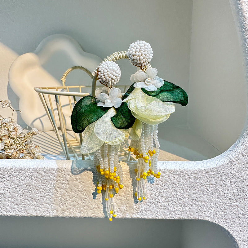 Handmade Fabric Rice Bead Tassel Earrings