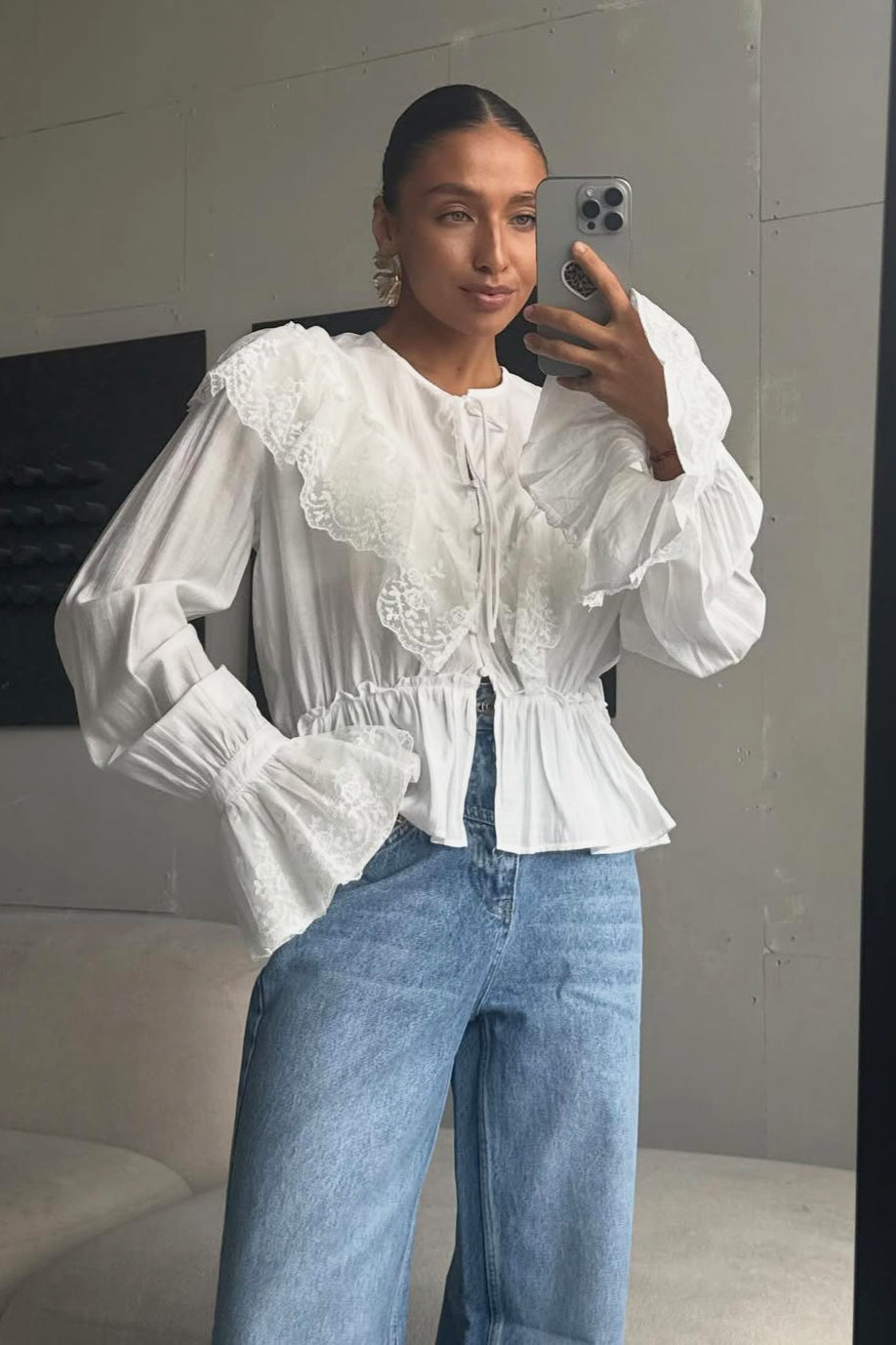 Lace Yoke Ruffle Hem Blouse