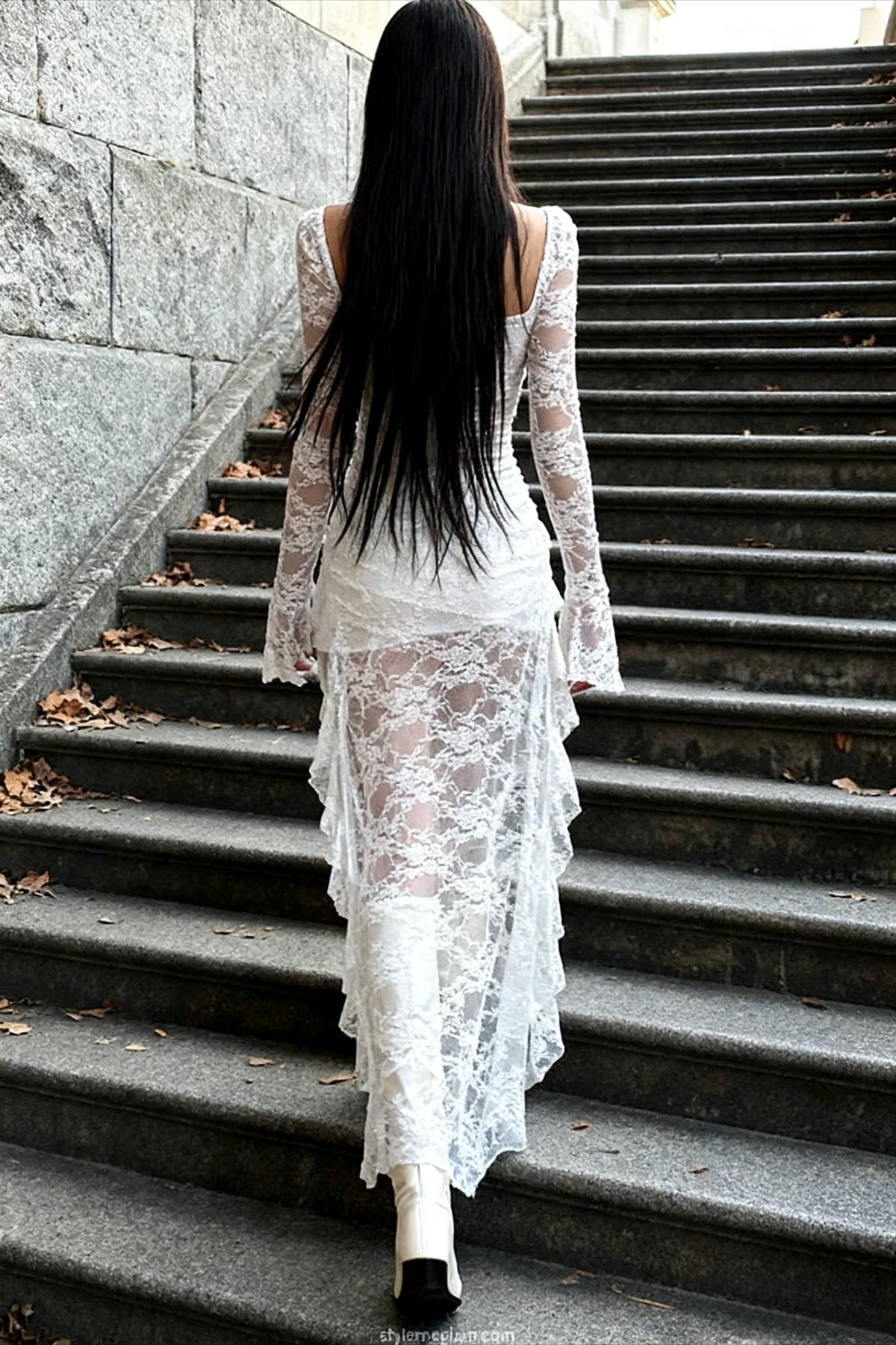 Lace Square-Neck Flared Sleeve High-Low Mini Dress