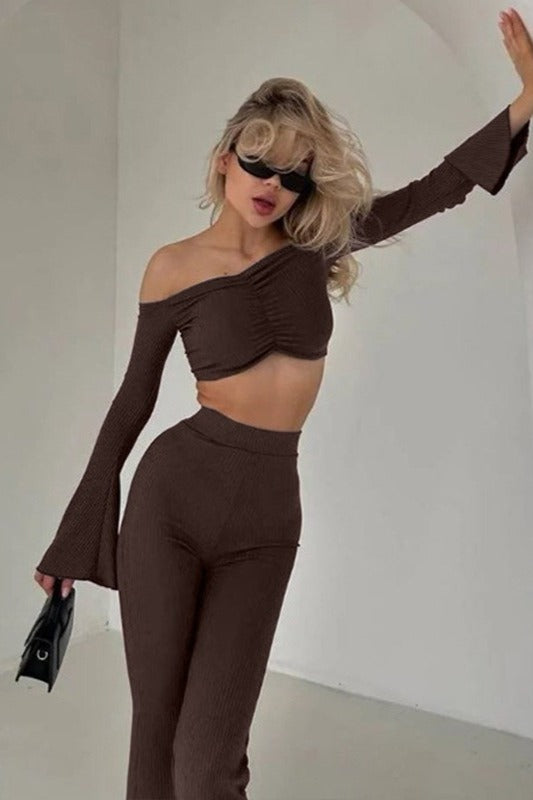 Off Shoulder Long Sleeve Top and Flare Pants Set