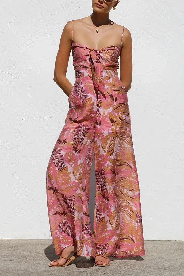 Botanical Print Strappy Resort Style Wide-leg Pants Jumpsuit - Fashionpara