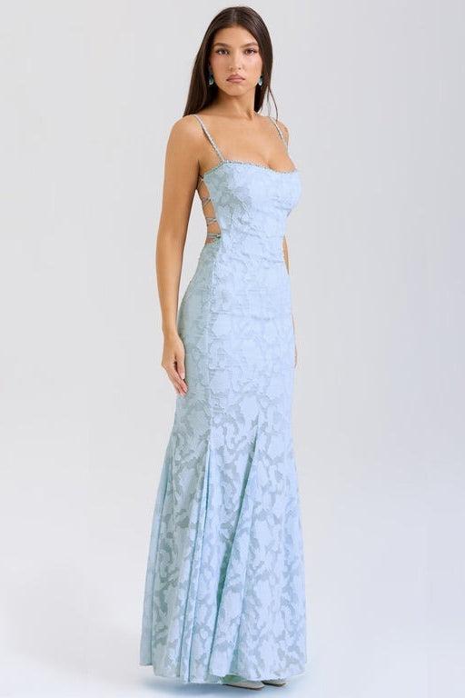 Tie Waist Sling Embroidered Mermaid Lace Dress in Blue - View 5