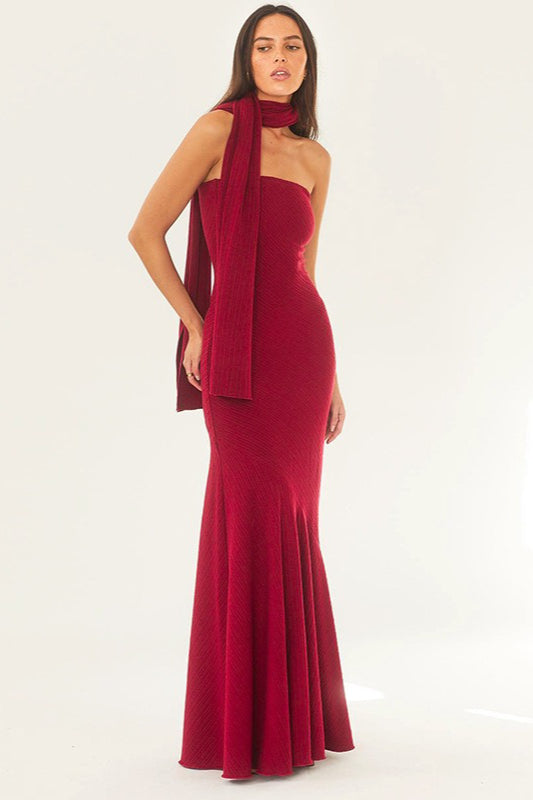 Strapless Scarf-Neck Draped Bodycon Mermaid Gown 3