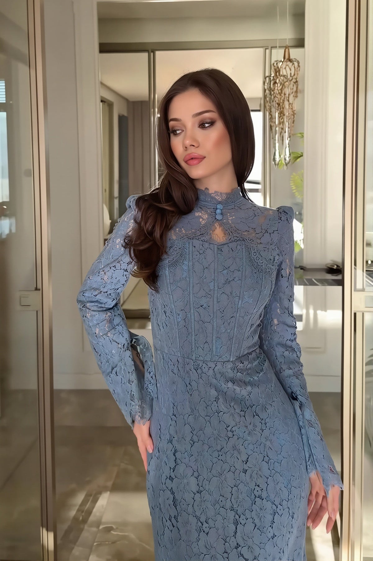 Floral Lace High Neck Long Sleeve Corset Dress