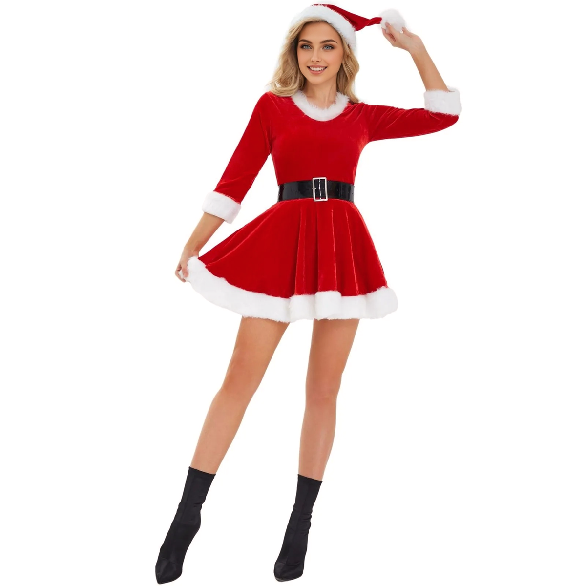 Velvet Faux-Fur Trim Belted Flared Santa Costume Dress 2
