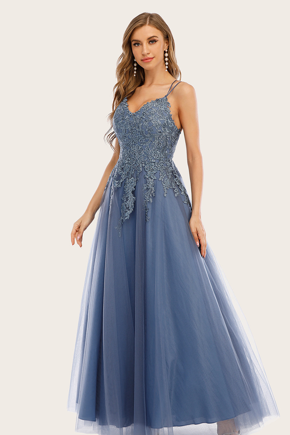 Dusty Blue Long Prom Dress with Lace - Fashionpara