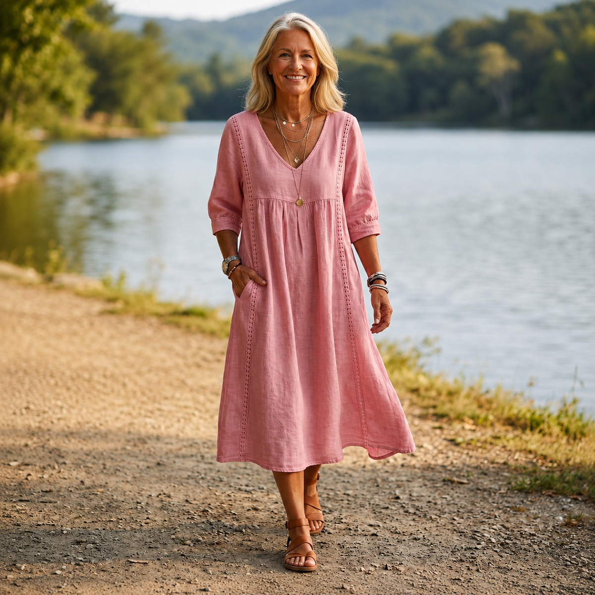V-Neck 3/4 Sleeve Lace Trim Midi Dress 6