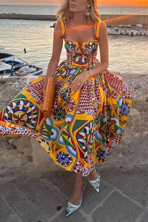 Unique Sunset Walk Ethnic Pattern Print Backless Midi Dress - Fashionpara