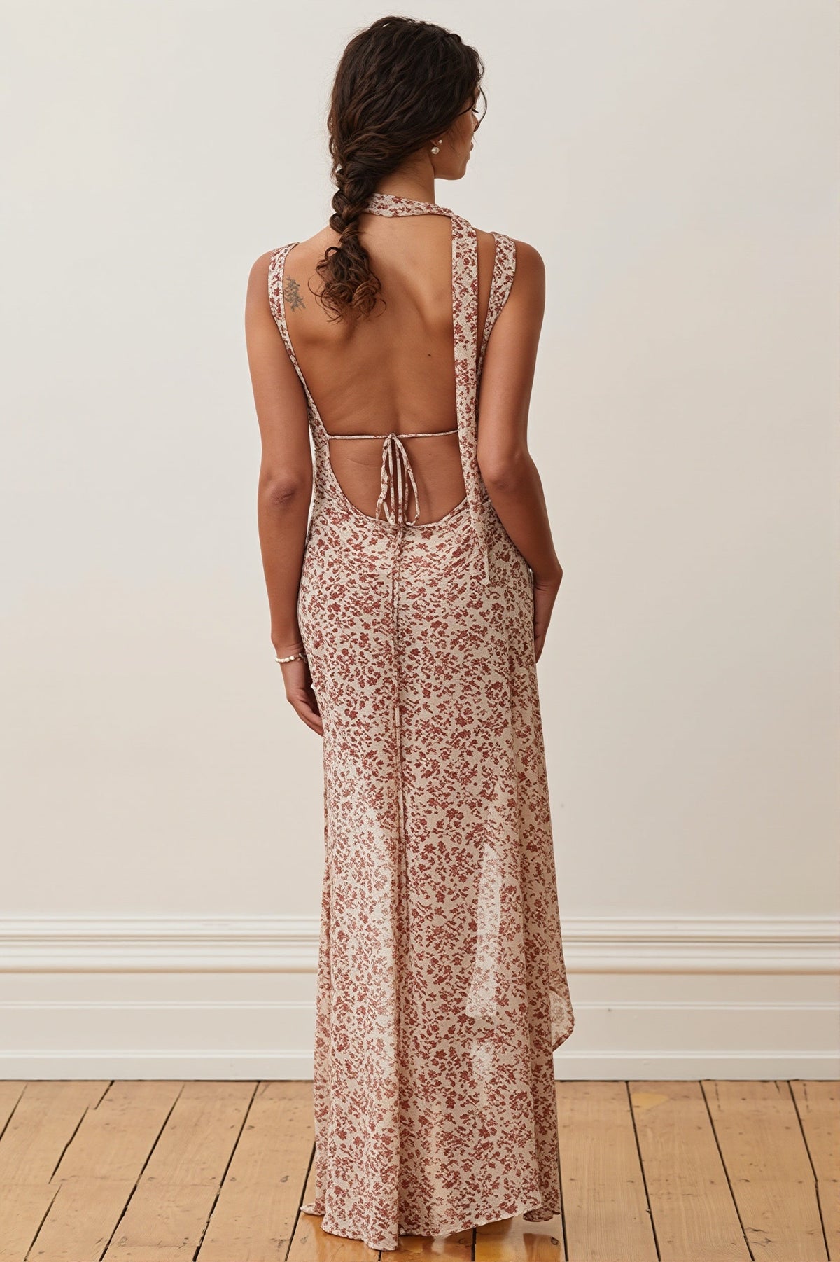 Floral Sweetheart Scarf Neck High Low Maxi Dress 4