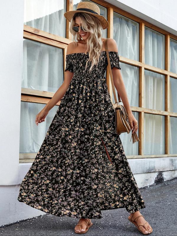 Off Shoulder Smocked Floral High Split Maxi Dress