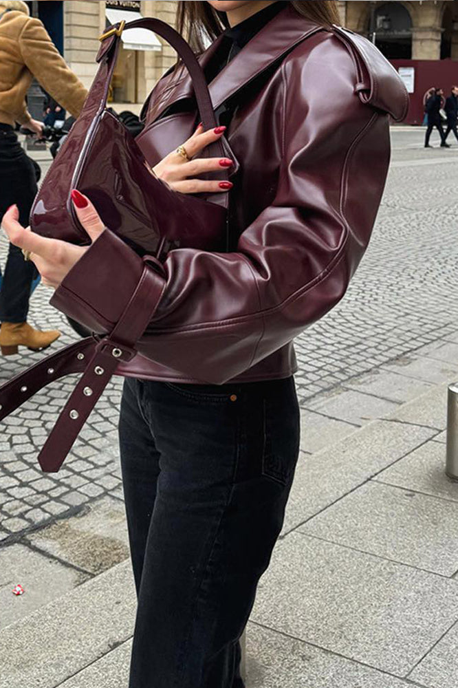 Burgundy Vintage Moto Coat with Classic Design and Style