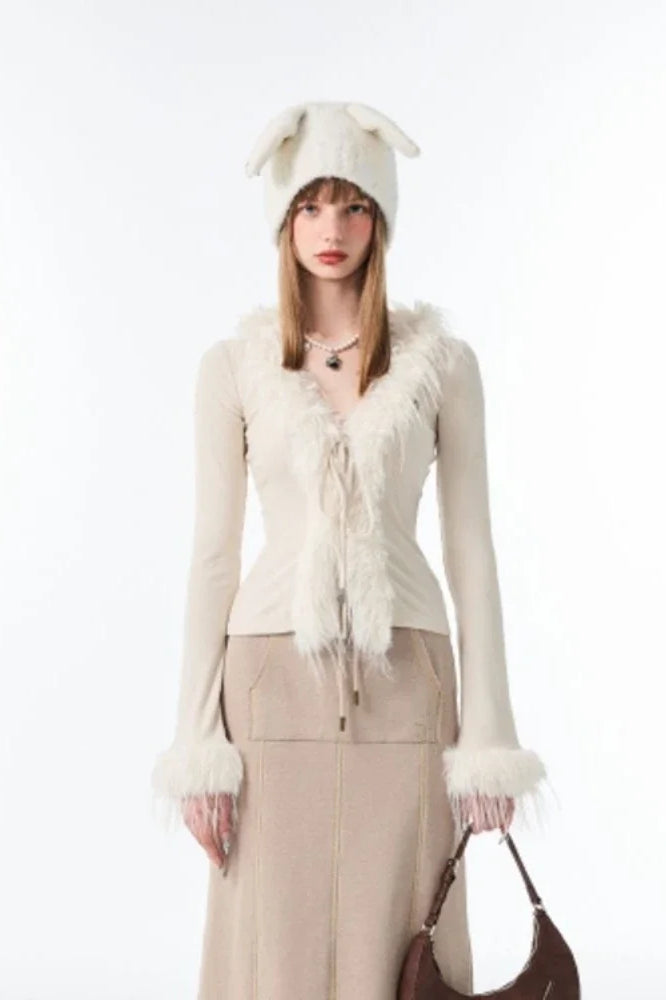 Lace-Up V Neck Plush Cardigan