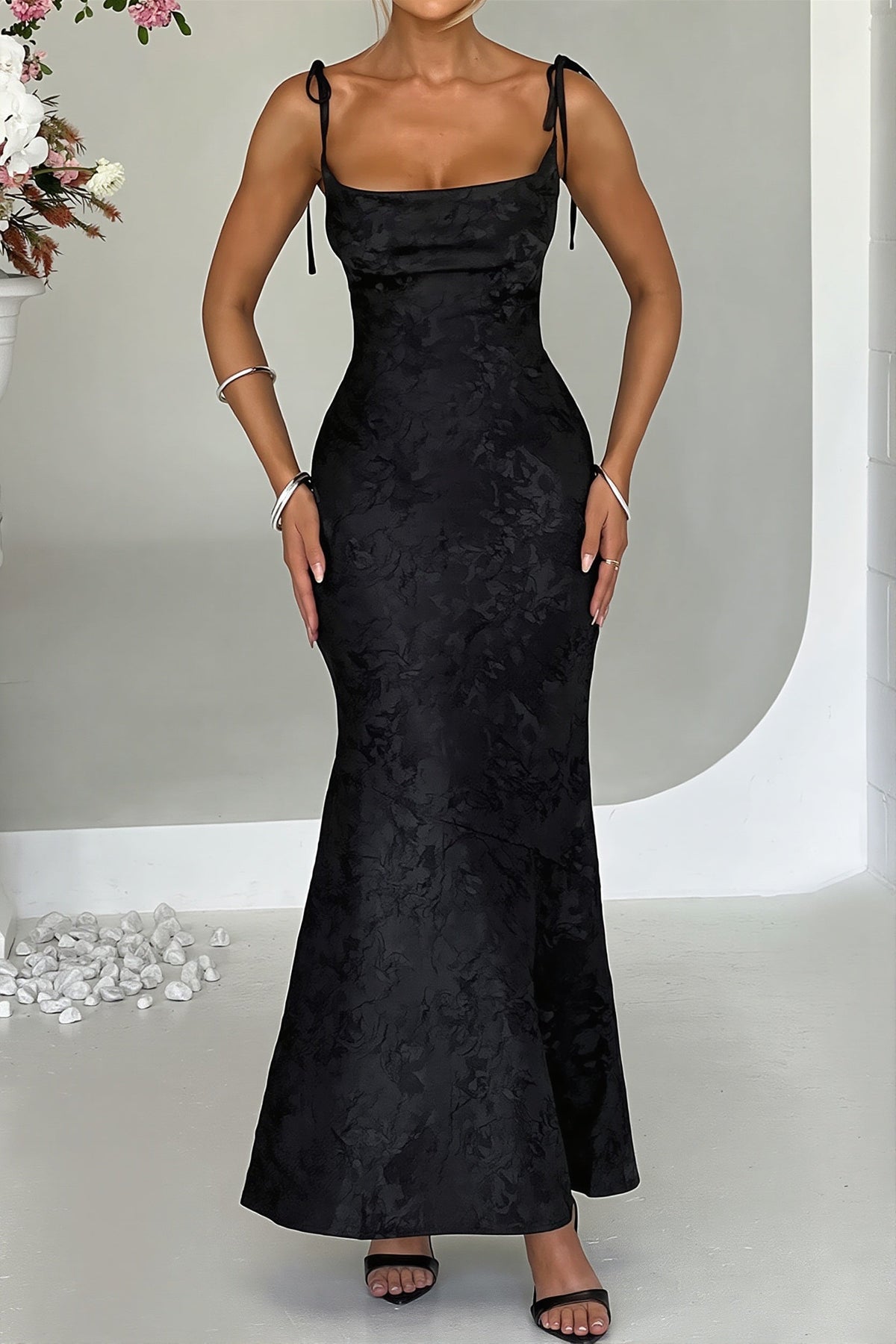 Jacquard Square Neck Tie Strap Fishtail Maxi Gown 9