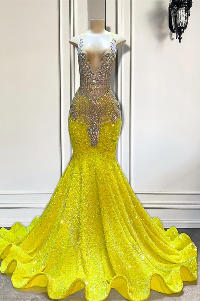 Glamorous Yellow V-Neck Sleeveless Mermaid Long Prom Party Dresses Featuring Beads and Sequins - Fashionpara