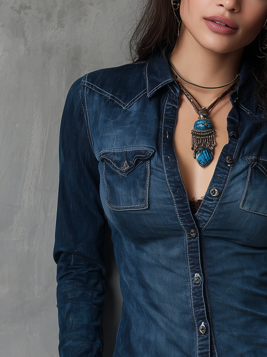 Retro Contrast Stitching Washed Long Sleeve Blouse - Fashionpara