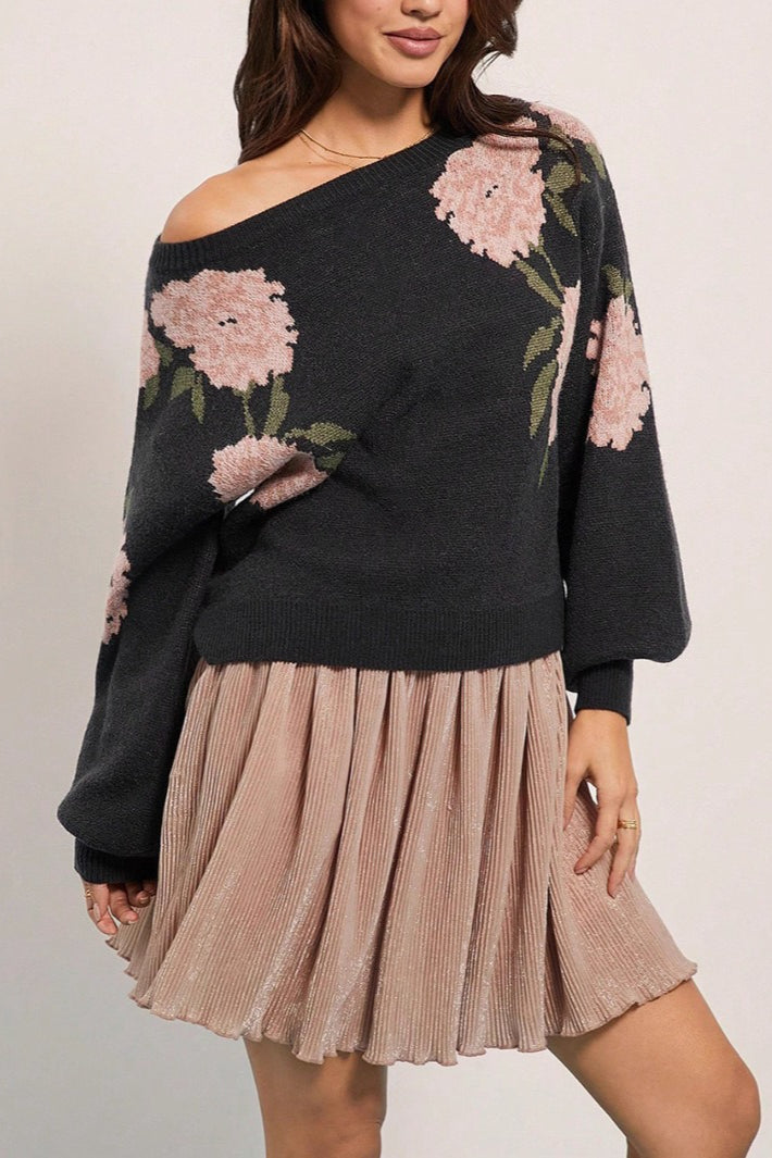 Off Shoulder Floral Knit Sweater