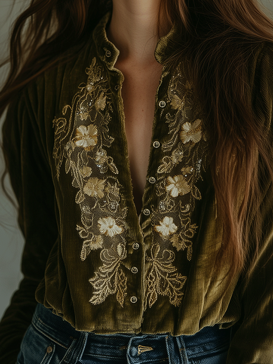 Olive Green Velvet Floral Embroidered Blouse - Fashionpara