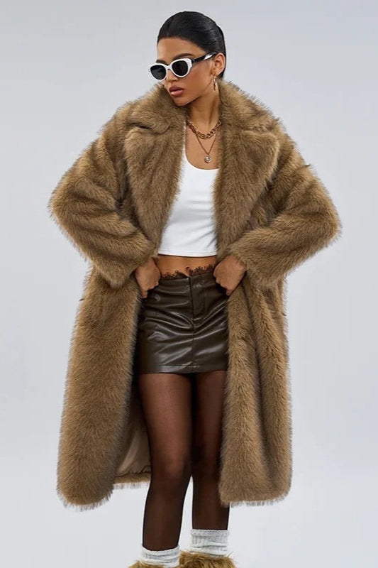 Long Faux Fur Shawl Collar Chic Winter Coat